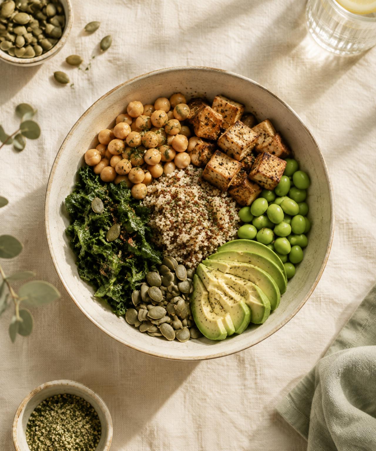 A balanced plant-based protein bowl with chickpeas, tofu, quinoa, edamame and avocado