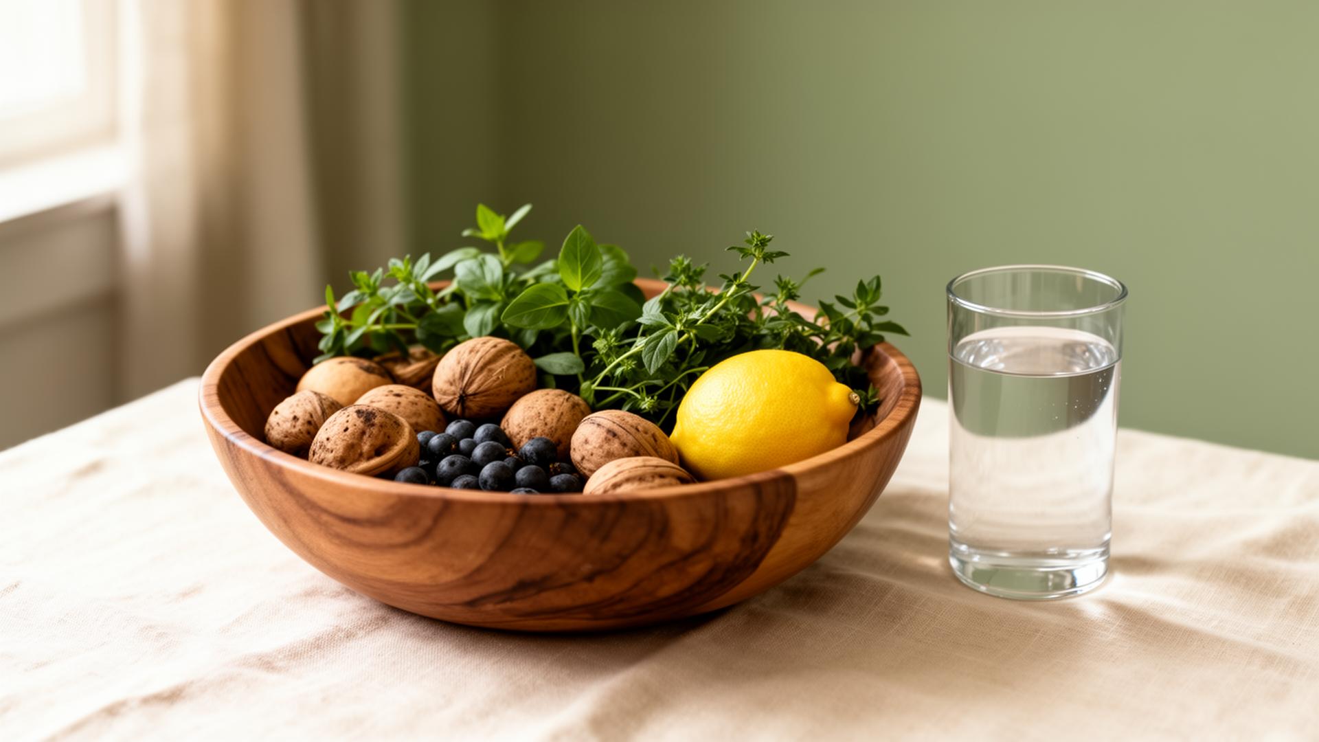Whole foods, fresh herbs and water on a linen surface